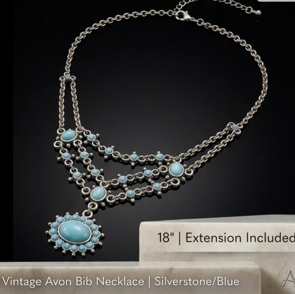 Vintage Avon Bib Necklace Silverstone/Blue 18 " Extension Included